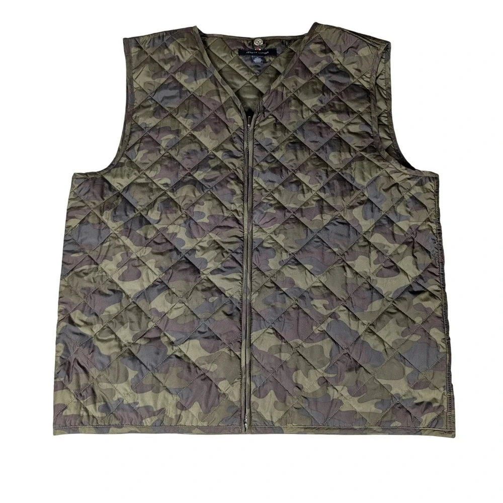 Tommy Hilfiger Mens Quilted Camouflage Full Zip Vest Olive Green Camo XL‎